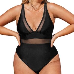 Low Cut Black One Piece Bathing Suit With Mesh